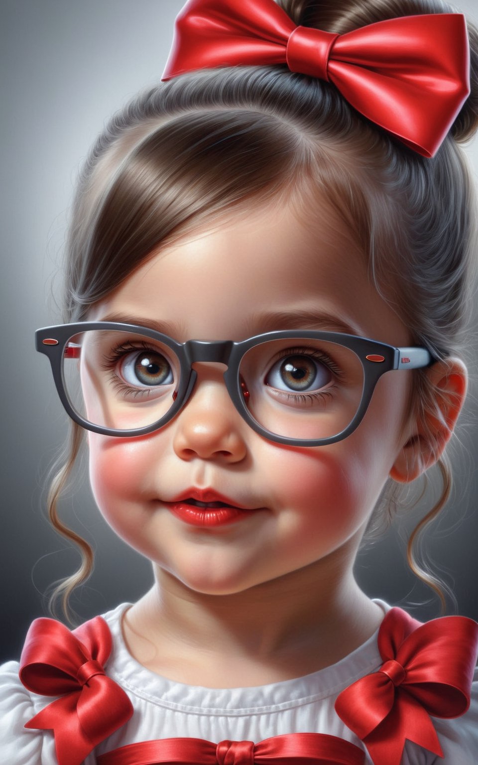 an ultra-realistic and stunning  little girl with glasses and a red bow, photorealistic!!!!!!! art style, by Mark Brooks, cute cartoon character, just a cute little thing, face with artgram, kids, painfully adorable, piercing grey eyes, very very very beautifull face, cute and funny, 