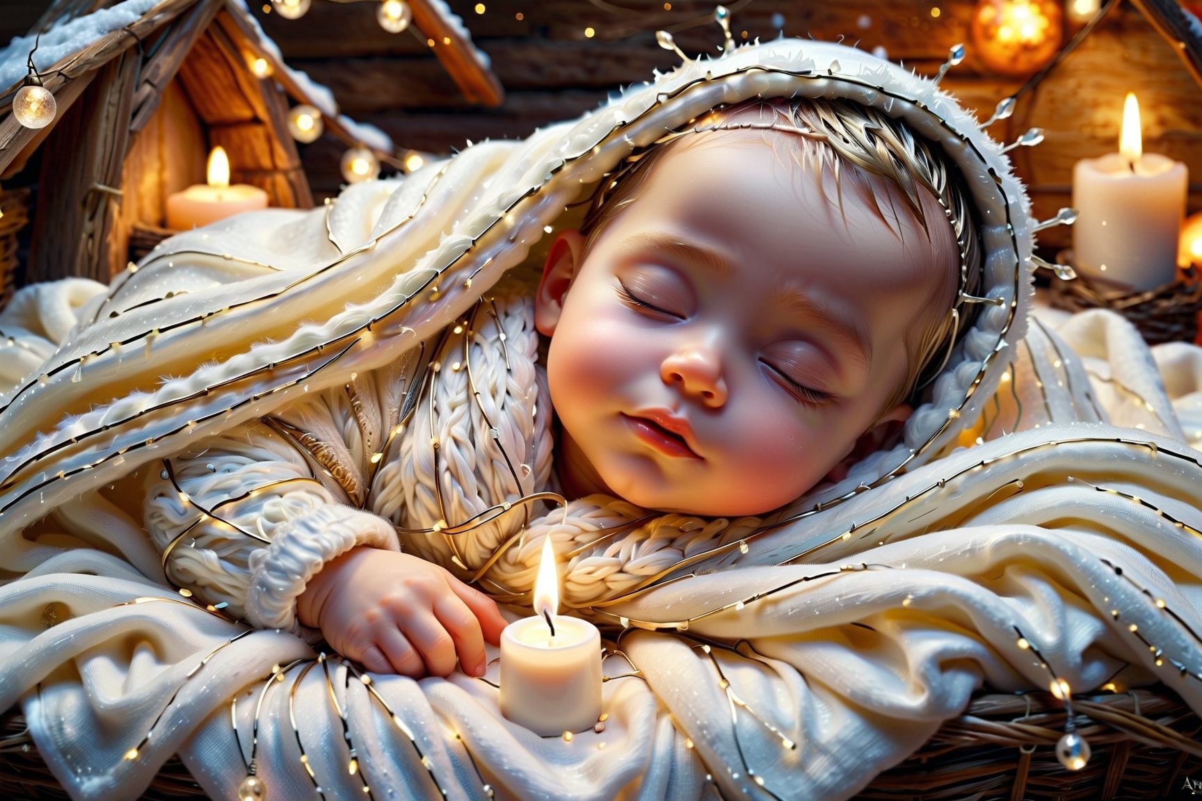 an ultra-realistic and stunning gorgeous Baby child, lying in a manger, little eyes closed, wrapped with a light cream blanket, realistic style, digital-art, Icicle Lights, by Marie Angel, fantasy art, ultra realistic photo, fairy, cute and lovely, with a white complexion, has a very realistic look to it, cute little creature, beautifully painted