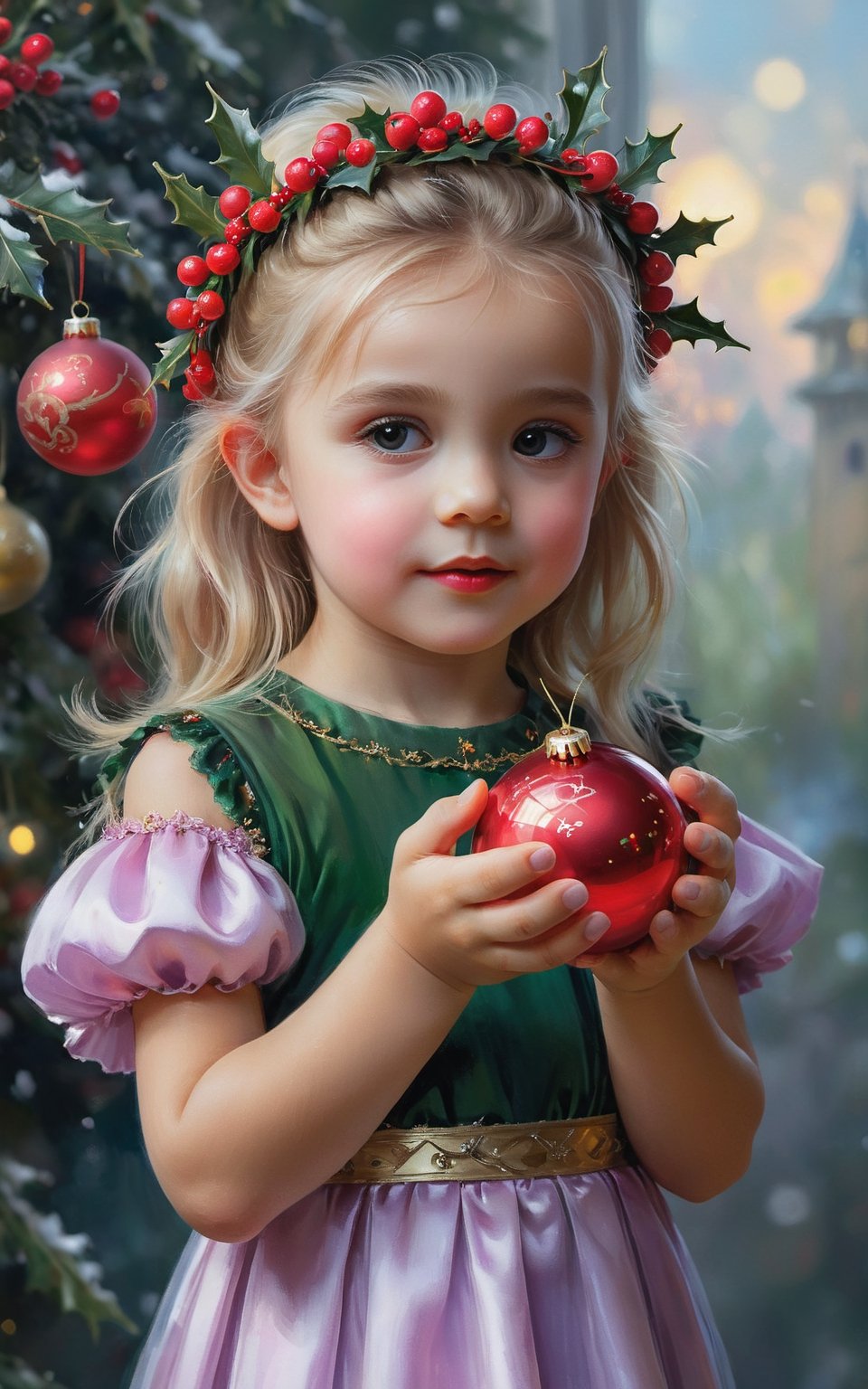 painting of a young girl dressed in a fairy christmas costume holding a christmas ornament, wlop and ross tran, inspired by Ed Binkley, she has a crown of holly berry, pained expression,christmas color palette, little elf tomboy, trevor brown style, by Guan Daosheng, a blond, in style of mark arian, art station award winning, charli bowater and artgeem, ultra sharp focus