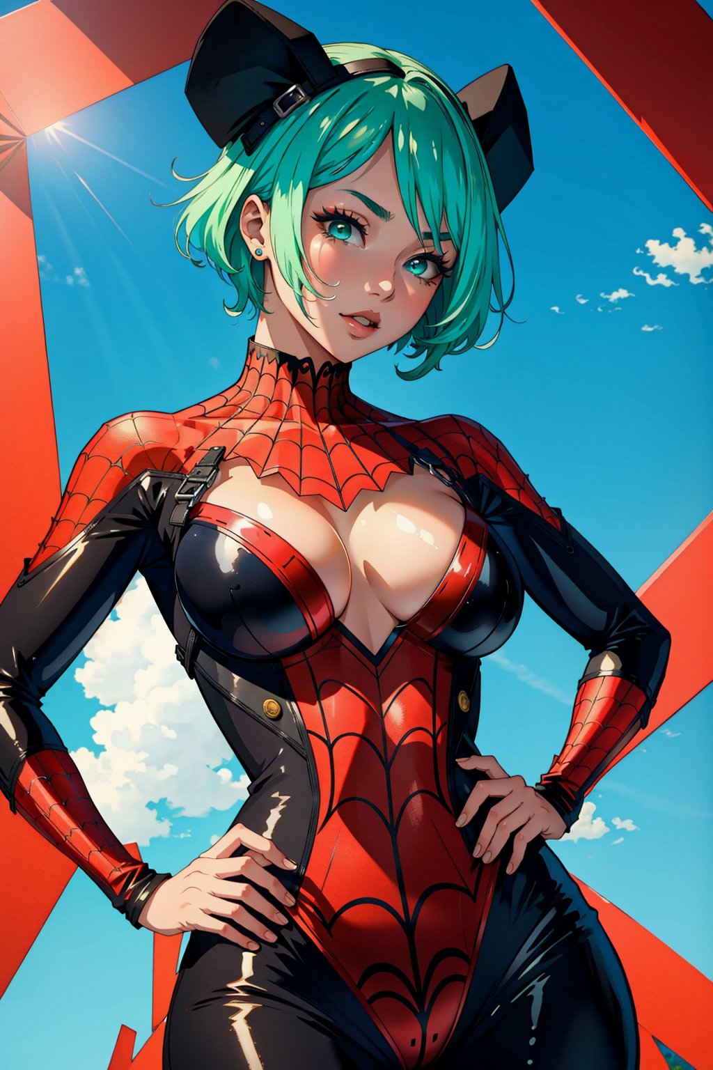 highres, best quality:1.2), intricate details, vibrant image, sharpness, colorful,  woman with green hair in a very tight spiderman cosplay, sexy, milf