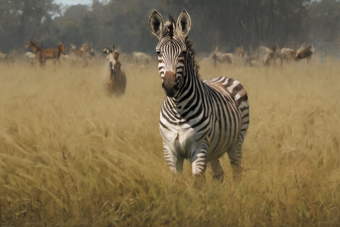 A male zebra peers through tall grass.   In the background   A herd of  donkeys with long ears  are standing still, donkeys in the background high_resolution, ultra quality, good art, noise_reducer, white background, correct anatomy, detailed, action in motion, sharp focus, centered, masterpiece, 3d background,painting by jakub rozalski