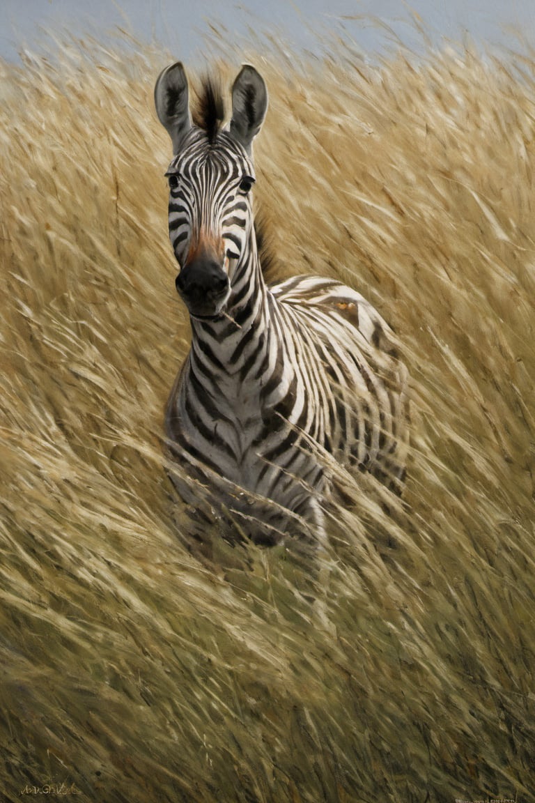 A male zebra peers through tall grass.   high_resolution, ultra quality, good art, noise_reducer, white background, correct anatomy, detailed, action in motion, sharp focus, centered, masterpiece, 3d background,painting by jakub rozalski