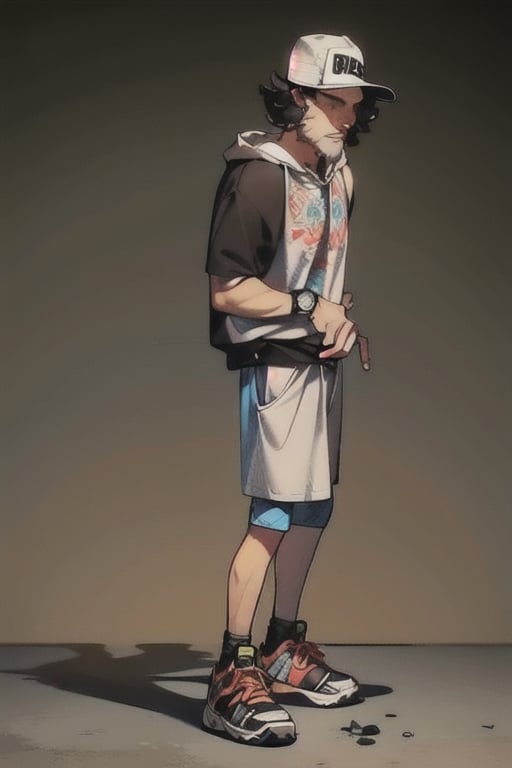 ((1man)), snapback, sunglasses, ((black_short_hair)), (short_beard), black_hoodie, denim_pants, air_jordan_1_high, cartoon, (Musical notes), skinny body, (small_Shiba_Inu), ((rolex)),1 page manga