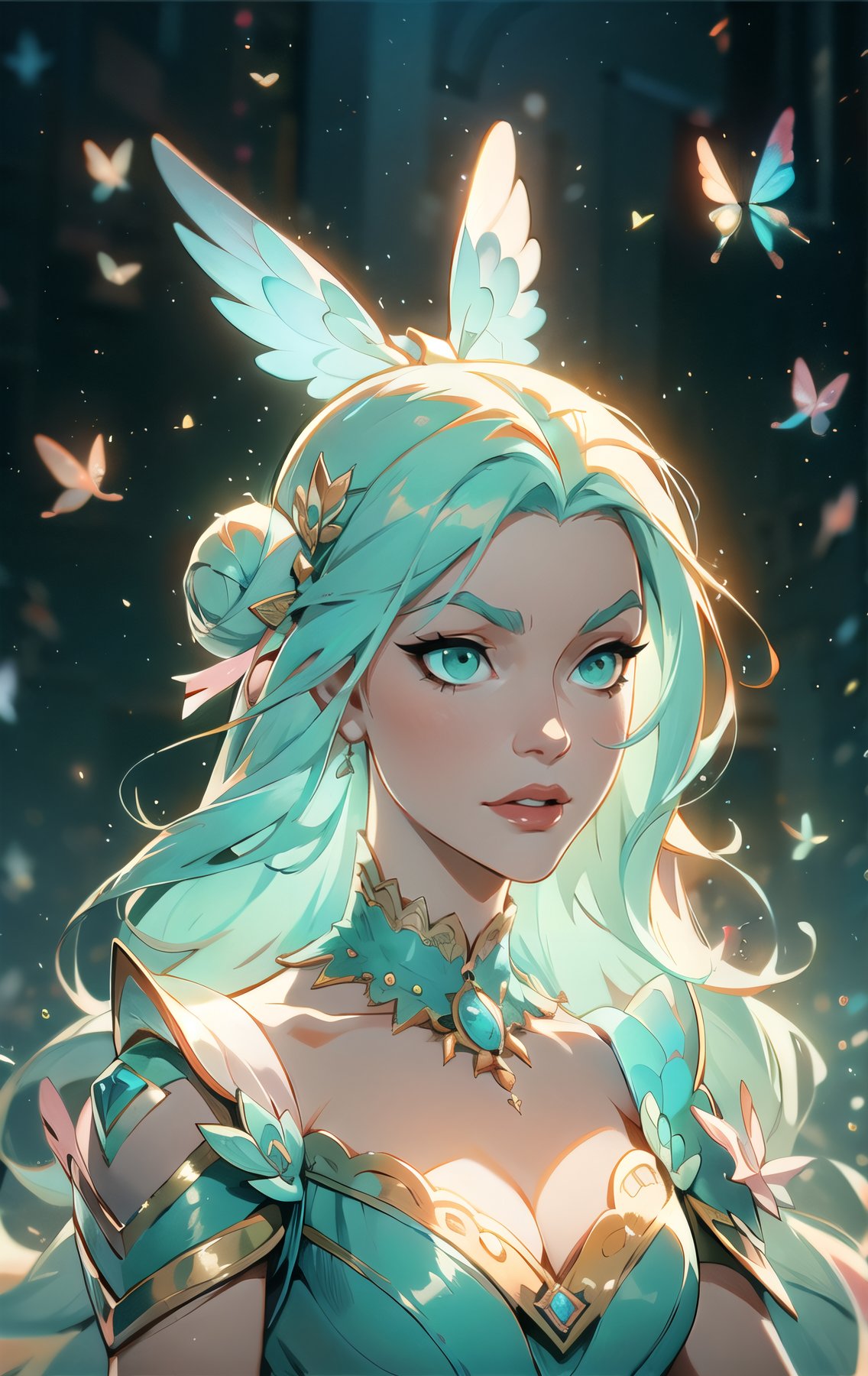 The best quality,superrealism,(ultra detailed face),(perfectly drawn body),surreal digital illustration of a libra zodiac sign princess,majestic flowing hair,beautiful celestial princess,opalescent translucent iridescent dress, beautiful green eyes,edgy hair bun with big bow,elegant,sophisticated,retrofuturism, romantic academia aesthetic, drawing, surrealism, magic realism, pop surrealism, ethereal, visual delirium,full beauty, full_body,full shot,painting on canvas, detailed, intricate, cute, white lilac orange blue fuchsia colors, bright vivid gradient colors, by Mindy Sommers, by Jantina Peperkamp, by Olga Esther , by Veronica Minozzi, by Olga Shvartsur, by Gilbert Williams, masterpiece, award winning,perfectly detailed.