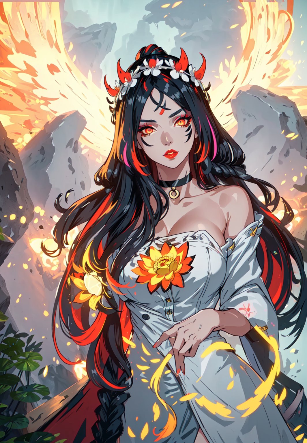 ((masterpiece,high quality:1.4)),(highres:1.2),1 young woman,(ultra detailed face:1.6),(large breast:1.2),(ultra detailed body:1.4),(full_body) full shot,logo hair ornament,fur,beautiful necklaces,plum blossoms,(glowing energy:1.4),lotus flower crown,magic,looking at viewer,beautiful background,(multicolored hair:1.2,(longhairstyle,colorful_hair:1.4),seductive,beautiful makeup,thick red lips,eyeliner,parted lips,(dynamic pose),dynamic angle,unstrapped,glowing eyes,choker,guiltys.