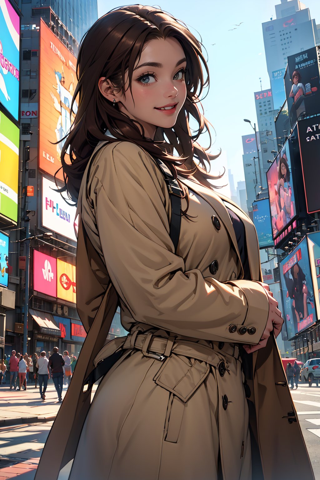 best quality,masterpiece, 8k ,1girl, (brown hair:1.8), cowboy shot, day, light smile, fashion beautiful coat, Times Square USA