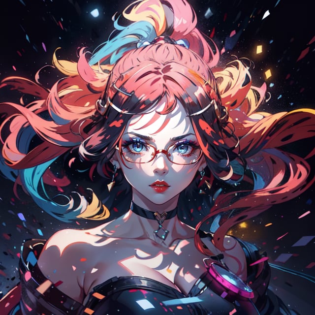 1 young woman,solo,upper body,large breast,looking at viewer,chromatic_background,half up half down,longhair,multicolored hair,beautiful makeup,thick red lips,eyeliner,parted lips,walkure /(takt op./),dynamic pose,unstrapped, glasses,choker.