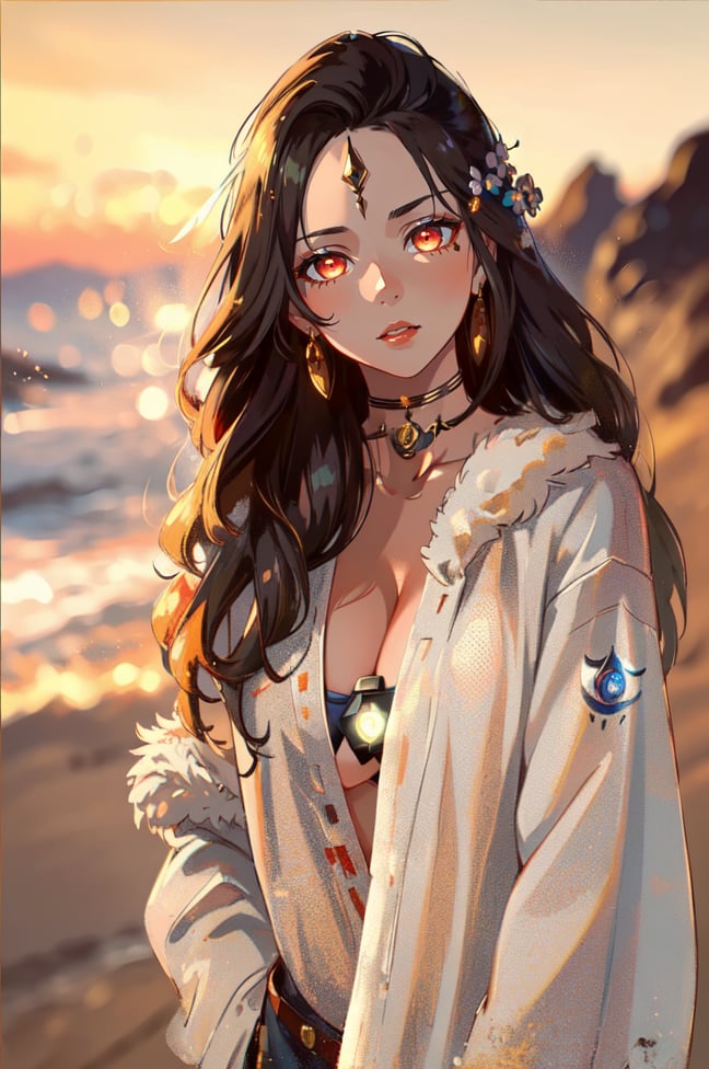 ((masterpiece,high quality:1.4)),(highres:1.2),1 young woman,(ultra detailed face:1.6),(large breast:1.4),full shot,logo hair ornament,fur,beautiful necklaces,plum blossoms,(glowing chakra symbols:1.4),magic,looking at viewer,beautiful background,(longhairstyle,colorful_hair:1.2),seductive,beautiful makeup,thick red lips,eyeliner,parted lips,walkure /(takt op./),dynamic pose,dynamic angle,unstrapped,glowing eyes,choker.