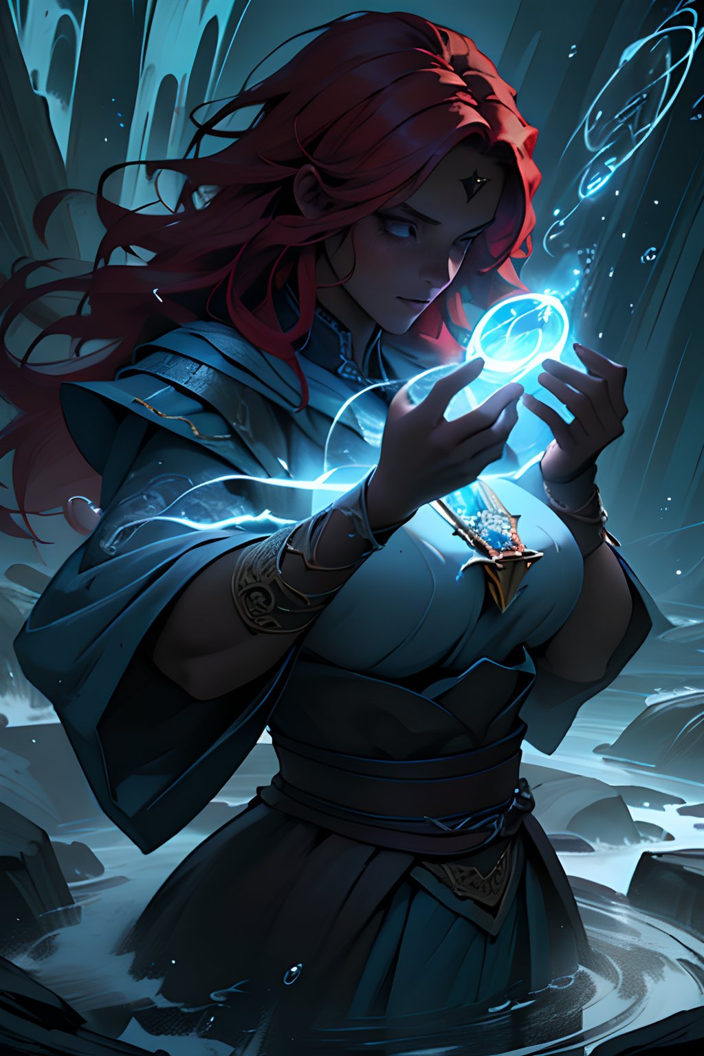 (masterpiece, best quality:1.4),(absurdres, highres, ultra detailed:1.2), dynamic angle, (1 gorgeous woman:1.4), (long red hair:1.2), (large breasts:1.2),(((using dark magic:1.6))),water magic,playful illustrations, imaginative overlays, artistic fusion,(fantastical scenes), evocative narratives, striking visuals, upper body view,water, energy flowing.