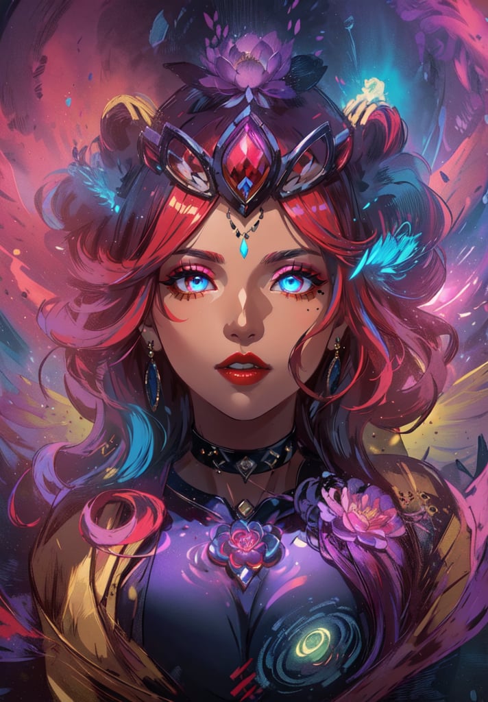 ((masterpiece,high quality:1.4)),(highres:1.2),1 young woman,(ultra detailed face:1.6),(large breast:1.2),(ultra detailed body:1.4),((full_body:1.4)) full shot,logo hair ornament,fur,beautiful necklaces,plum blossoms,(glowing energy:1.4),lotus flower crown,magic,looking at viewer,beautiful background,(multicolored hair:1.2,(longhairstyle,colorful_hair:1.4),seductive,beautiful makeup,thick red lips,eyeliner,parted lips,(dynamic pose),dynamic angle,unstrapped,glowing eyes,choker,guiltys.