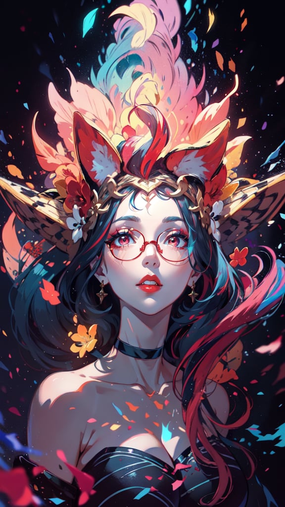 1 young woman,solo,full body,large breast,looking at viewer,chromatic_background,half up half down,longhair,multicolored hair,beautiful makeup,thick red lips,eyeliner,parted lips,walkure /(takt op./),dynamic pose,unstrapped, glasses,choker.