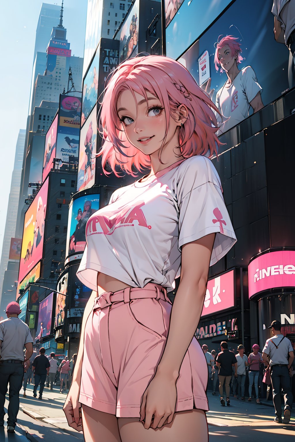 best quality,masterpiece, 8k ,1girl, (pink hair:1.8), cowboy shot, day, light smile, oversize t-shirt, Times Square USA