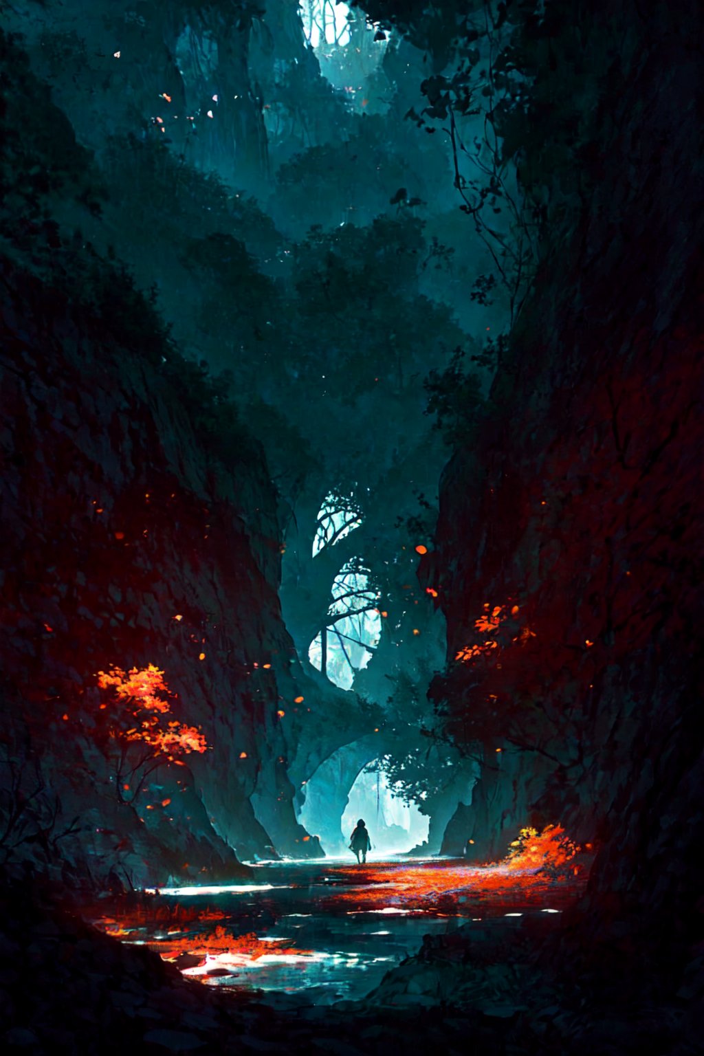 style of Arthur Suydam, style of Marc Simonetti, Meditative individual silhouette is in the middle of a dramatic atmosphere going trough a majestic gate of dreams,leading to different worlds and dimensions throughout many portals of energy,with a magical atmosphere and an astonishing view of vibrant and bright colors surrounded by breathtaking landscapes of ultra detailed, high resolution and high quality, creating a masterpiece of colors and shapes,(high detail),fractal details, depth of field, HOF, hall of fame, vibrant, Rough, picturesque sketch|centered| key visual| intricate| highly detailed| breathtaking| precise | vibrant| panoramic| cinematic| Carne Griffiths|8k, unreal engine 5, ((MASTERpiece)),epic trees,water streams,various flowers,intricate details,rich colors,cinematic, symmetrical, beautiful lighting, V-Ray render, 