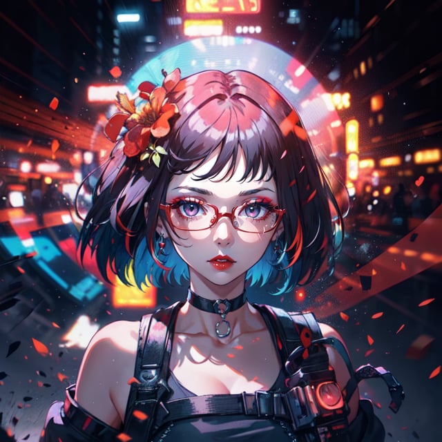 1 teen girl,solo, upper body,looking at viewer, cyberpunk background, bob cut, short hair, multicolored hair, makeup ,  red lips, eyeliner, parted lips ,walkure /(takt op./), medium breasts, unstrapped, glasses, choker, 