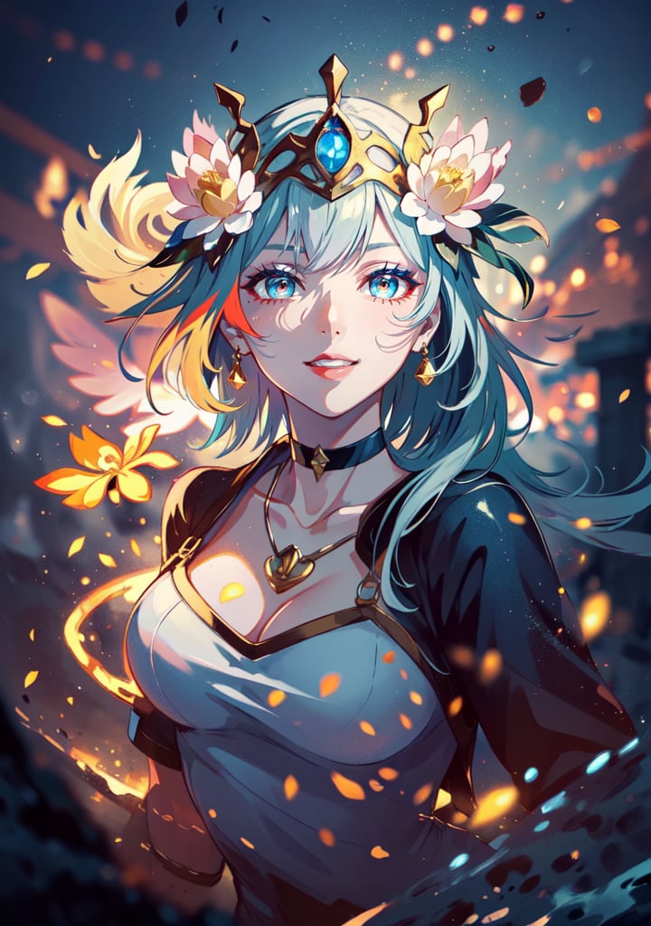 ((masterpiece,high quality:1.4)),(highres:1.2),1 young woman,(modern outfit:1.2),lotus crown,(ultra detailed face:1.2),beautiful necklaces,energy plum blossoms,eevee tail,(glowing chakra symbols:1.2),magical energy,background,complex_background,complicated_bg ,detailed_background,flying sweatdrops,(large breast),looking at viewer,chromatic_background,longhairstyle,multicolored hair,smiling,beautiful makeup,thick red lips,eyeliner,parted lips,walkure /(takt op./),dynamic pose,dynamic angle,unstrapped,glowing eyes,choker.