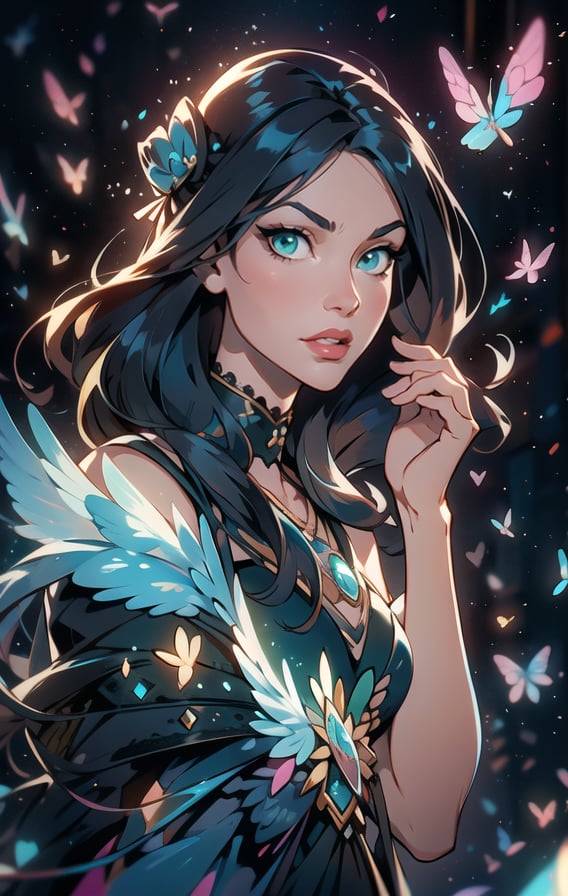 The best quality,superrealism,(ultra detailed face),(perfectly drawn body),surreal digital illustration of a libra zodiac sign princess,majestic flowing black hair,beautiful celestial princess,opalescent translucent iridescent dress, beautiful green eyes,edgy hair bun with big bow,elegant,sophisticated,retrofuturism, romantic academia aesthetic, drawing, surrealism, magic realism, pop surrealism, ethereal, visual delirium,full beauty, full_body,full shot,painting on canvas, detailed, intricate, cute, white lilac orange blue fuchsia colors, bright vivid gradient colors, by Mindy Sommers, by Jantina Peperkamp, by Olga Esther , by Veronica Minozzi, by Olga Shvartsur, by Gilbert Williams, masterpiece, award winning,perfectly detailed.