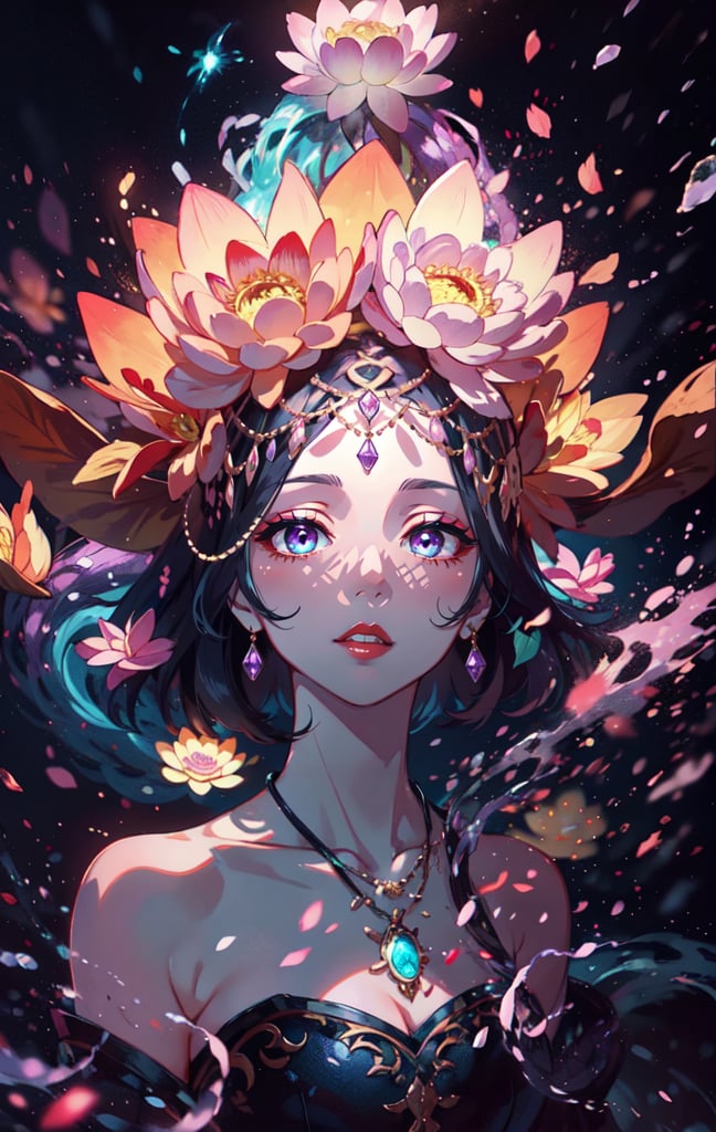 1 teen girl,solo,full body view, dynamic angle,looking at viewer,detailed background,(energy flowing:1.2),(energy lotus flower symbol)(glowing pink and blue particles),magical necklace,half up half down, shimmering long hair, purple amethyst accesories,multicolored hair, makeup , parted lips, red lips, eyeliner, ,walkure /(takt op./)