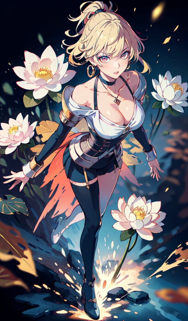 (masterpiece,high quality:1.4),(highres:1.2),1 young woman,(ultra detailed face),beautiful necklaces,energy,lotus flower,glowing chakra symbols,complex_background,complicated_bg ,detailed_background,full body,full shot,(large breast),looking at viewer,chromatic_background,(Ombre ringlet hairstyle),longhair,multicolored blonde hair,beautiful makeup,thick red lips,eyeliner,parted lips,walkure /(takt op./),dynamic pose,dynamic angle,unstrapped,glowing eyes,choker.