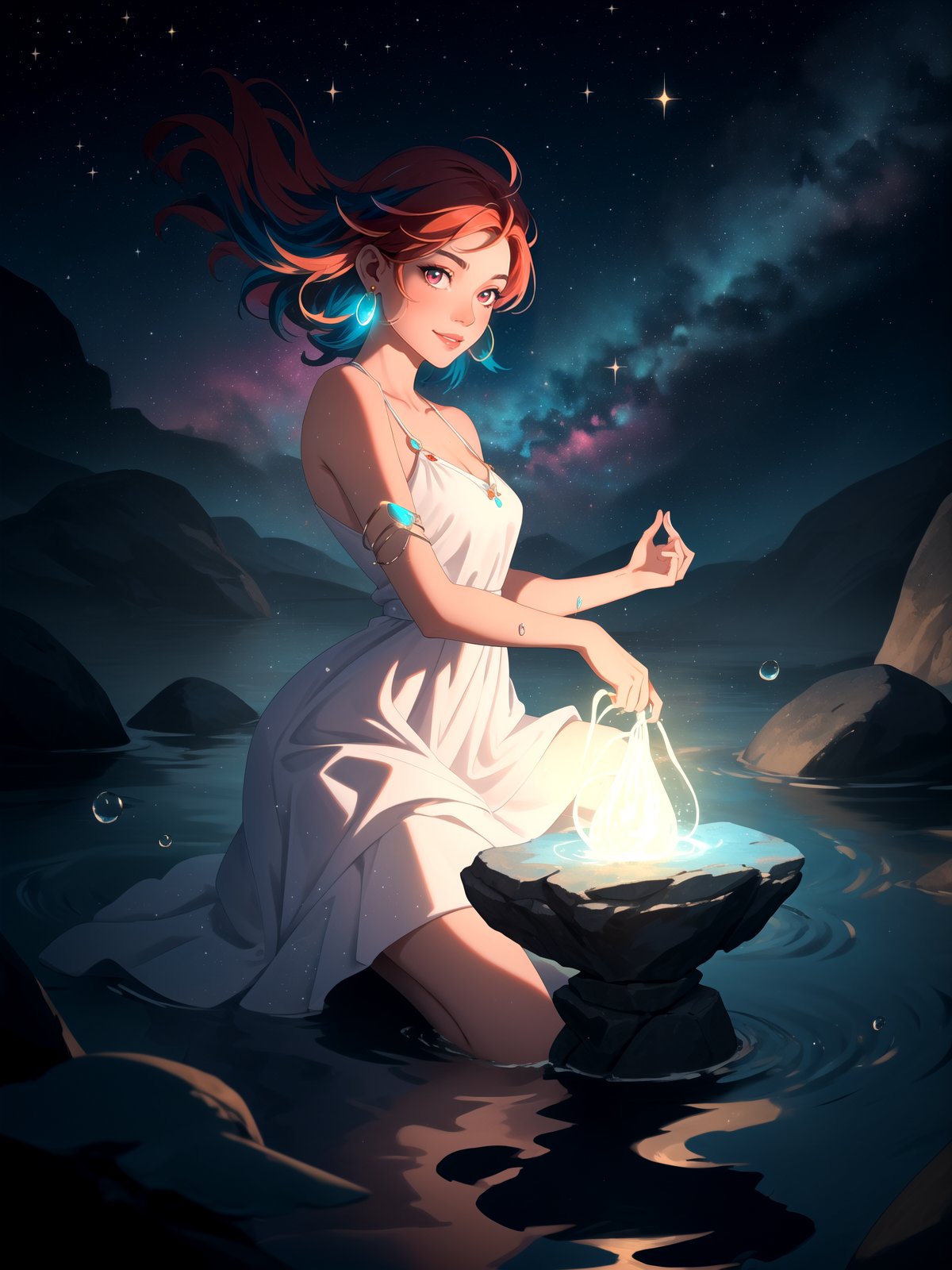 ((masterpiece, best quality, highres:1.2)),meditation,full shot,close-up,centered,1girl,she is in a serene meditative pose,looking at viewer,mystical,magical,glow, glowing, young, ((multicolored hair)), flowing hair, long hair, glossy lips, small smile, glowing multicolored eyes, looking at the camera,dual tone light source,colorful set, back light, make up, glow sparkle, light summer dress, wite dress, water drops in skin, magic particles, glowing water, earrings,starry, toxic.