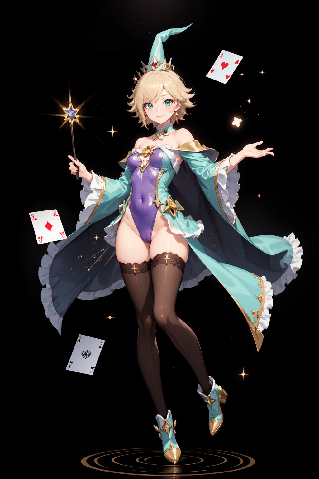 a magic aura around her, magic wand, at space, green eyes, silver brown hair, floating, dropping sleeves, fantasy mini dress, cards, female magician leotard, frills, short hair, brown boots, pantyhose, purple outfits, cloak, smile, magic, magician hat