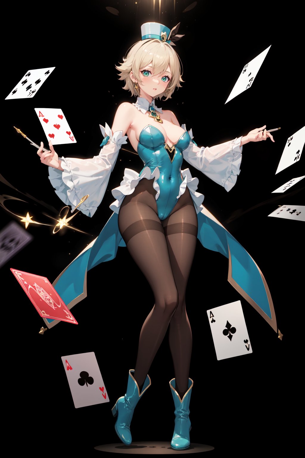 a magic aura around her, magic wand, show, stage, green eyes, silver brown hair, floating, dropping sleeves, cards, female magician leotard, magician hat, frills, short hair, brown boots, black pantyhose, purple outfits