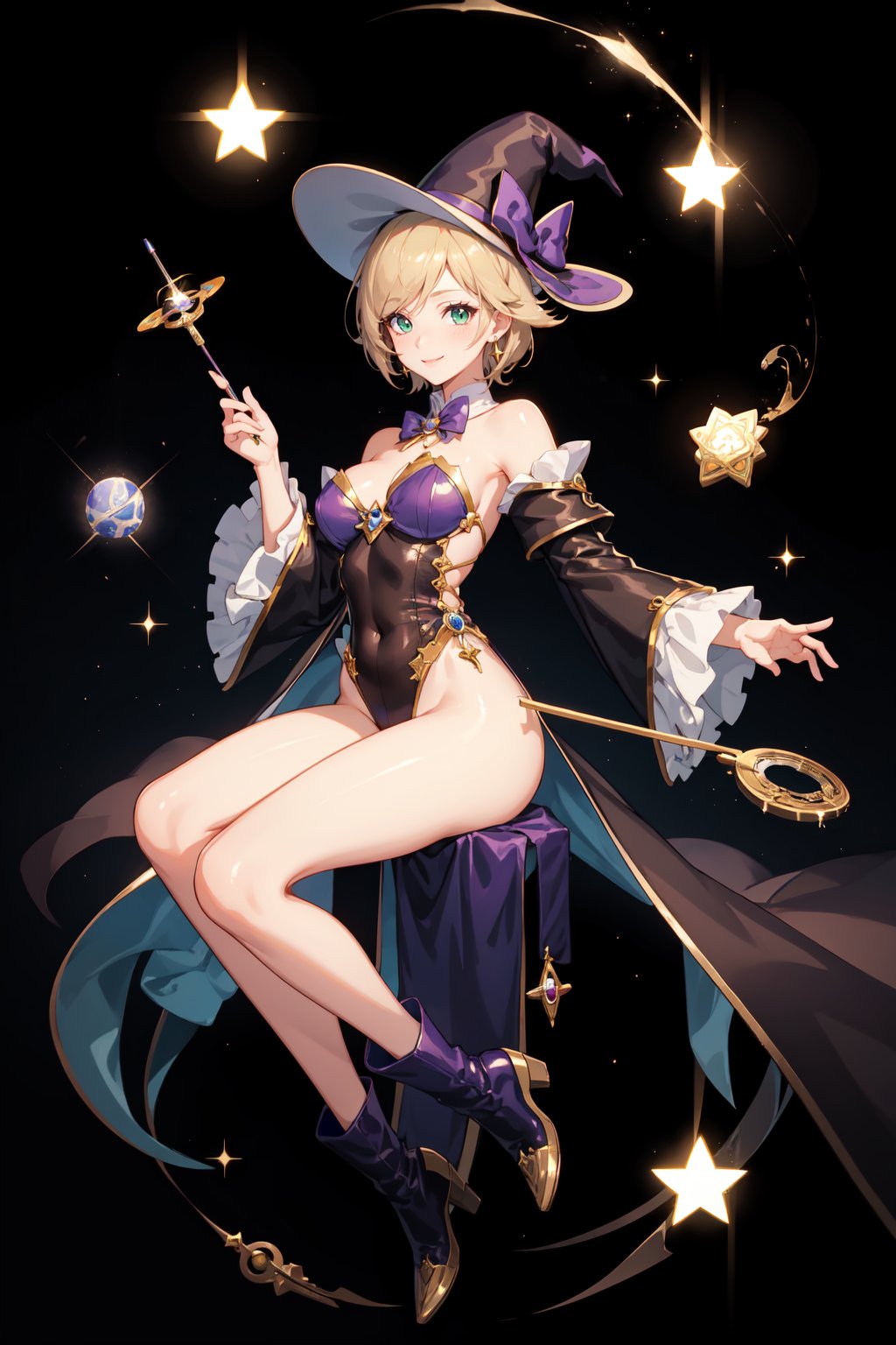 a magic aura around her, magic wand, at space, green eyes, silver brown hair, floating, dropping sleeves, fantasy mini dress, cards, female magician leotard, frills, short hair, brown boots, tight, purple outfits, black cloak, smile, magic, magician hat, lace_trim