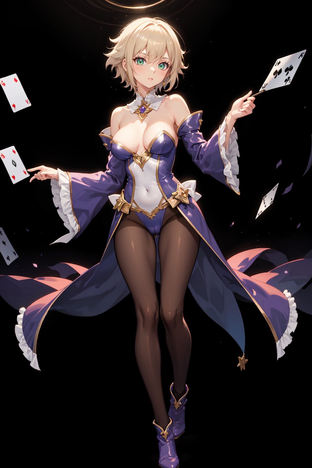 a magic aura around her, magic wand, show, stage, green eyes, silver brown hair, floating, dropping sleeves, cards, female magician leotard, frills, short hair, brown boots, black pantyhose, purple outfits