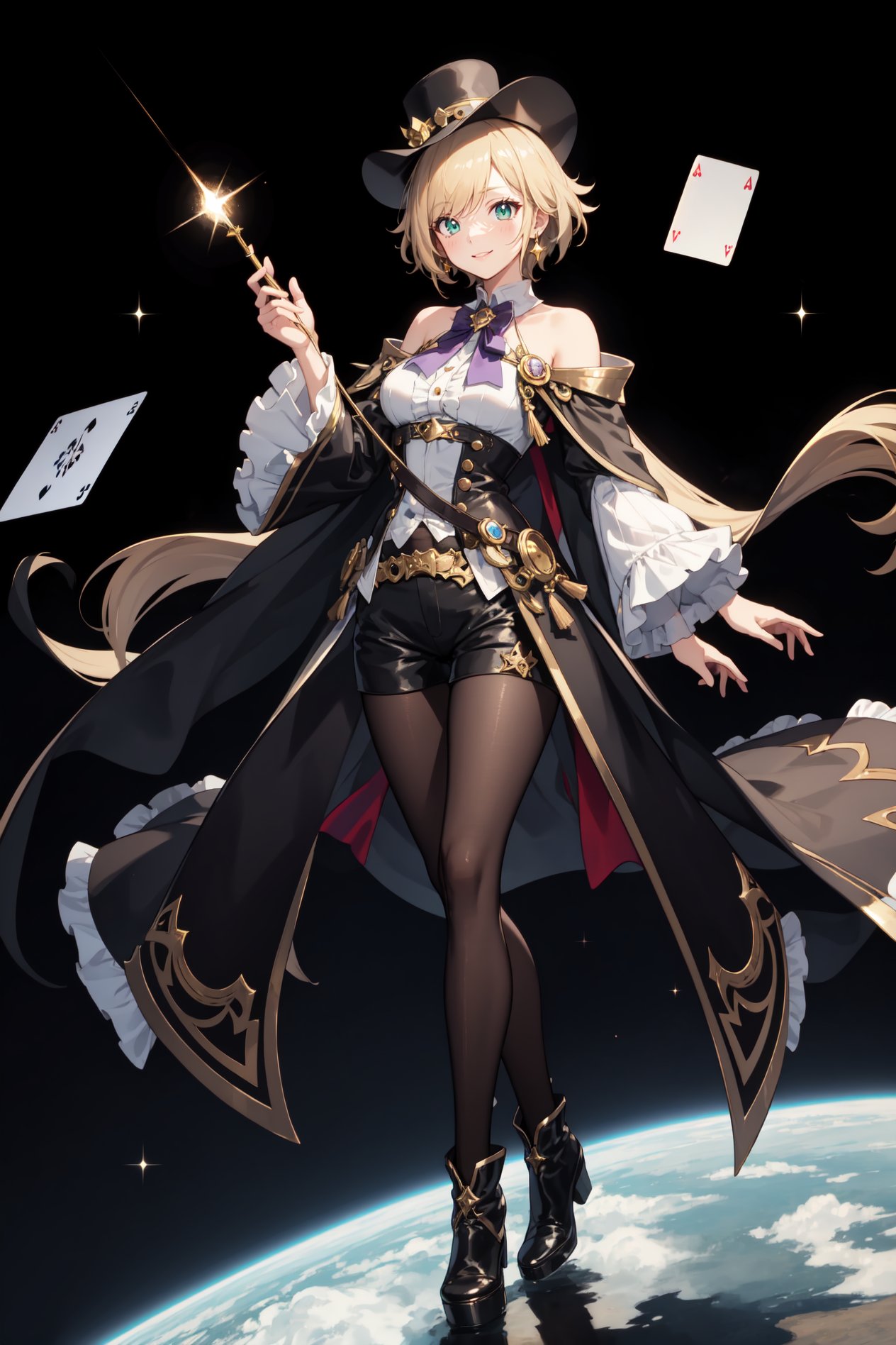 a magic aura around her, magic wand, at space, green eyes, silver brown hair, floating, dropping sleeves, fantasy long detailed shirt, cards, female magician suit, frills, short hair, brown boots, pantyhose, purple outfits, black cloak, smile, magic, magician hat, lace_trim, black robe, cape, black shorts, shorts under the shirt, short shorts