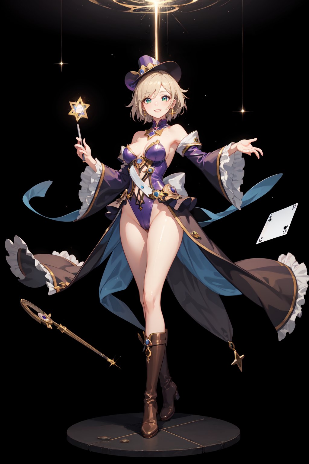 a magic aura around her, magic wand, at space, green eyes, silver brown hair, floating, dropping sleeves, fantasy mini dress, cards, female magician leotard, frills, short hair, brown boots, tight, purple outfits, black cloak, smile, magic, magician hat