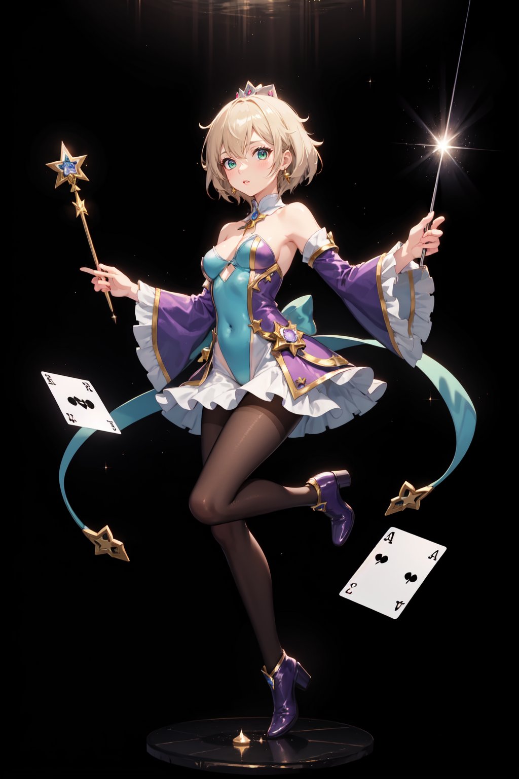 a magic aura around her, magic wand, at space, green eyes, silver brown hair, floating, dropping sleeves, fantasy mini dress, cards, female magician leotard, frills, short hair, brown boots, pantyhose, purple outfits