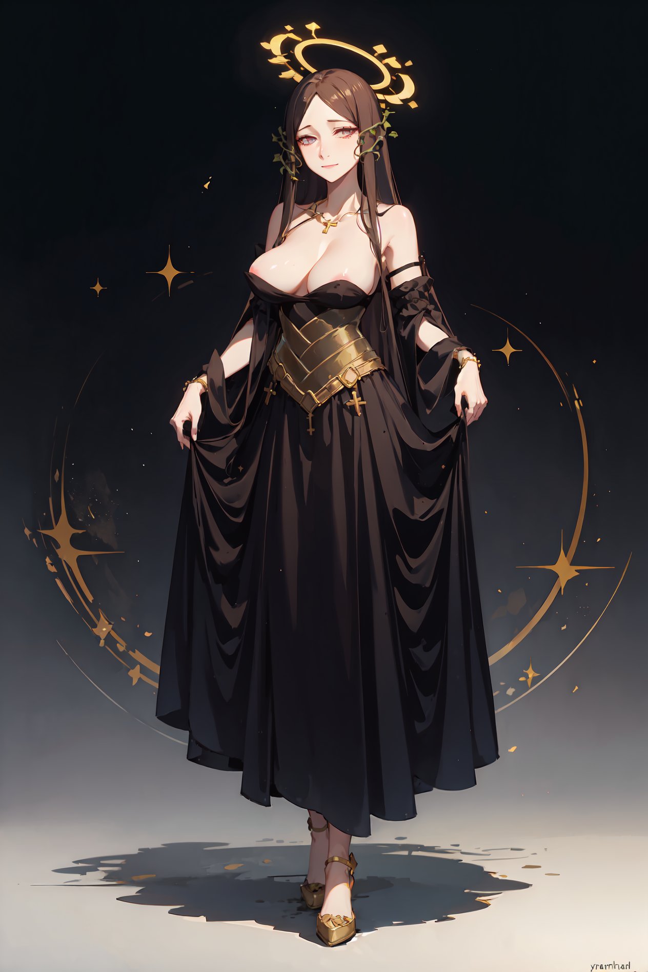 girl, dynamic view, hip_lines, golden patterns, green holy halo, rosary, cross, full body, joking mood, teasing, smirk, absurdres, highres, ultra detailed, bags under eye, tired, sleepy, circles under eyes, unclothed, no_clothes, purple eyes, snake_eyes, big breasts, dark brown hair,titania1, 1girl, blonde hair, transparent clothes, clothes lift, lifted by self