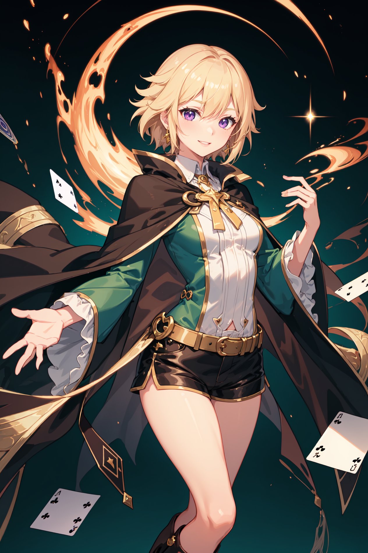 a magic aura around her, wind magic, purple eyes, platine blonde hair, floating, dropping sleeves, fantasy long detailed shirt, cards, female magician suit, frills, short hair, brown boots, lime green outfits, black cloak, smile, magic, black robe, cape, black shorts, short shorts