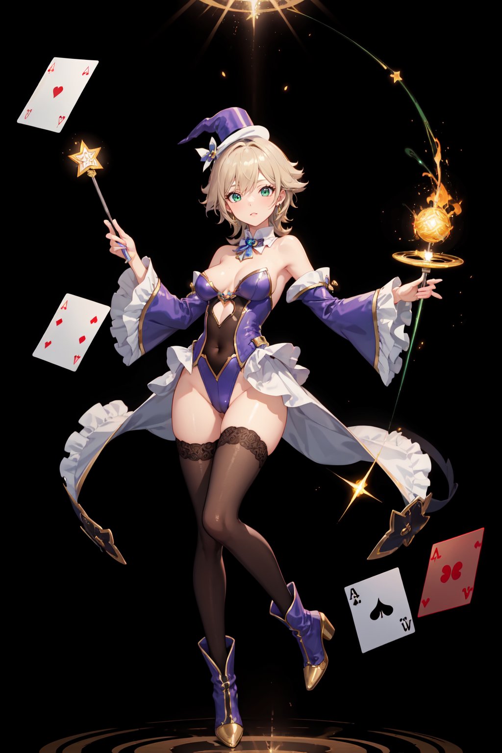 a magic aura around her, magic wand, show, stage, green eyes, silver brown hair, floating, dropping sleeves, cards, female magician leotard, magician hat, frills, short hair, brown boots, black pantyhose, purple outfits