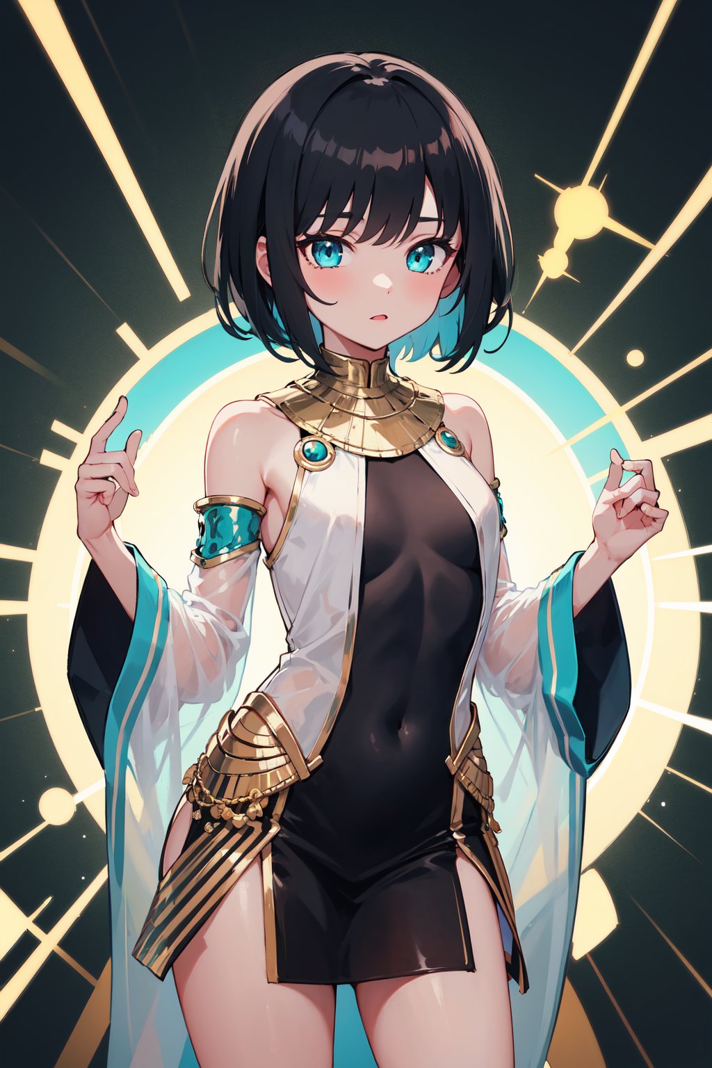 1girl, short_hair, black hair, turquoise eyes, transparent sleeves, transparent clothes, tight_clothes, bangs, egyptian clothes, gold, mini dress, long sleeves