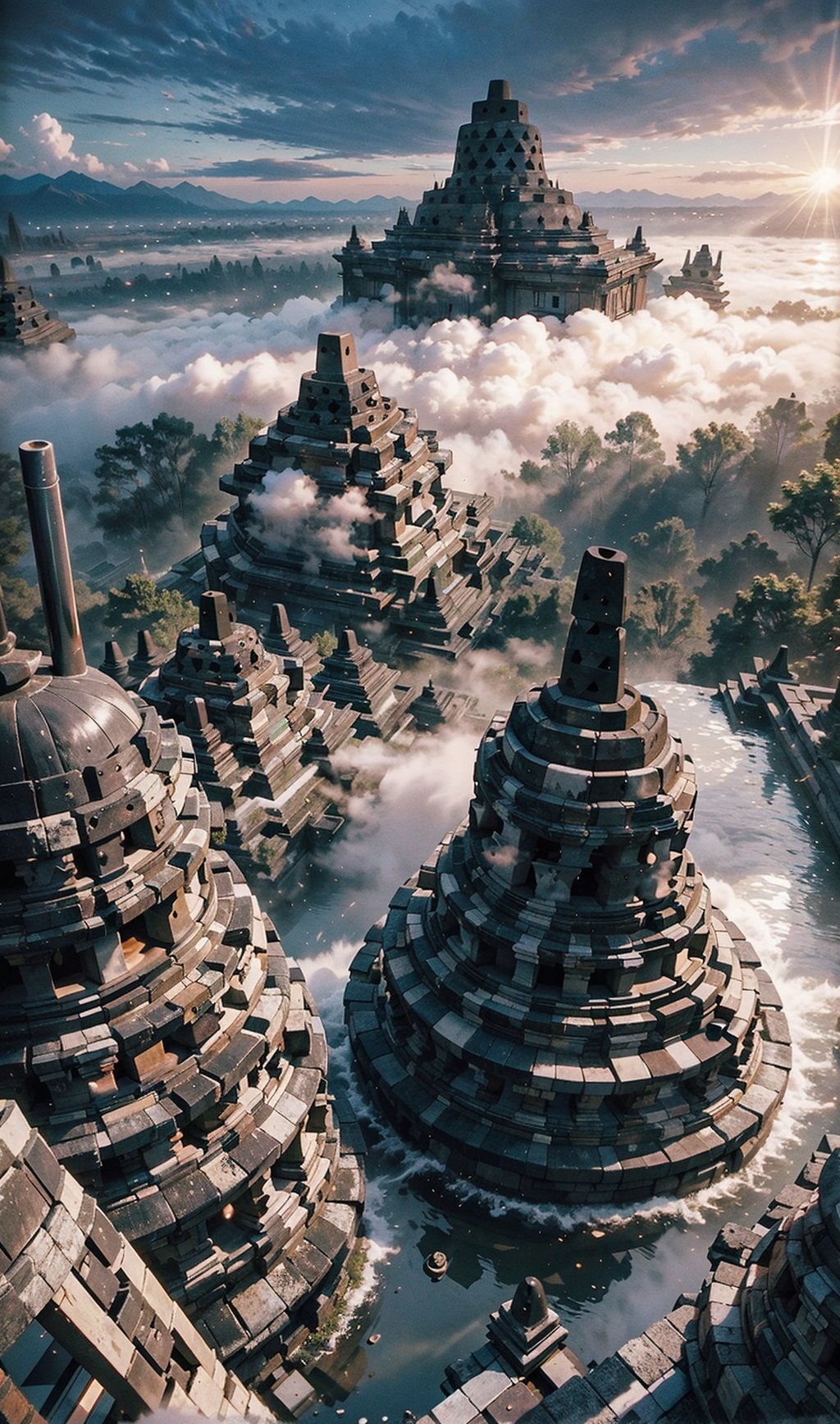 (8k, best quality, top level: 1.1), Indonesian traditional architecture, high mountains and white clouds, is built above the clouds, ((borobudur temple)), morning glow, sunrise, background, flowing water and detailed elements below.