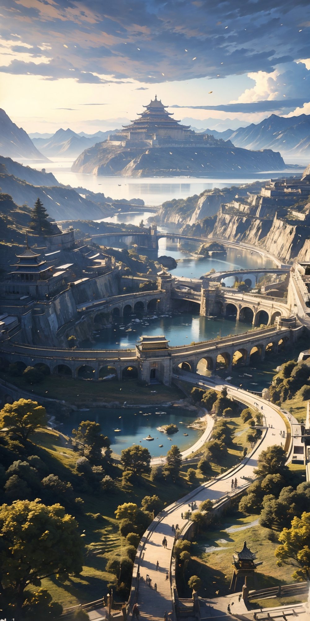 Gold series,The overall picture is in golden color,Magnificent, golden, the Forbidden City,Sense of technology,Golden Brilliance,royal temperament,masterpiece,best quality,8k,insane details,intricate details,hyperdetailed,hyper quality,high detail,ultra detailed,CG, VFX, SFX, Insanely detailed and intricate, Hyper maximalist, Volumetric, ultra photoreal, ultra-detailed, intricate details, Super detailed, Full color, Volumetric lighting, HDR, Realistic, Sharp focus--v testp, Cinematic, Unreal Engine, Cinematic Lighting, Hyper realistic, Photorealistic, Unreal Engine, 8K, 16K,trees,  the sky,clouds,long,Arial view,CLOUDS,BJ_City_of_Wisdom