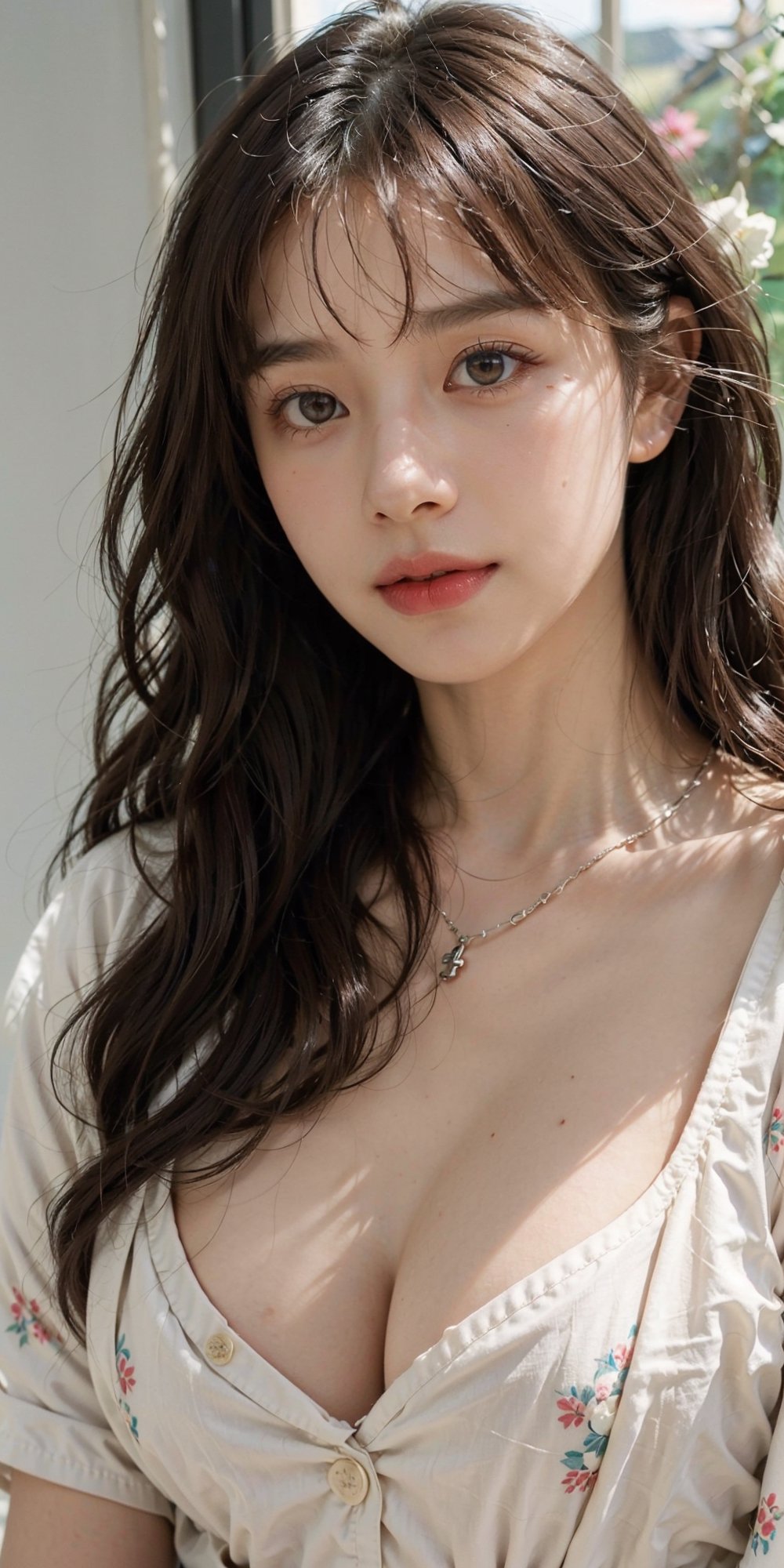 Realistic photos, masterpiece, highest quality, high resolution, fine details, HDR, 1 girl,delicate hairpin, delicate beautiful face, Tsundere expression,highly detailed glossy eyes, Looking at viewers, necklace, ,bracelet, bright snow-white skin, high detail skin, half smile, ((medium short wavy hair)), (silk brown hair), ((white shirt with floral printed)), ((unbuttoned shirt)), 40 E cup, ((deep-cleavage)), high detailed skin, stylish short, skull head belt, shiny skin, (in mountain at sunset), studio lighting, better light, bokeh, depth of field,Girl, big breast, Real,Fake breasts, (perfect beautifull nipple), (naked breast:1.3)