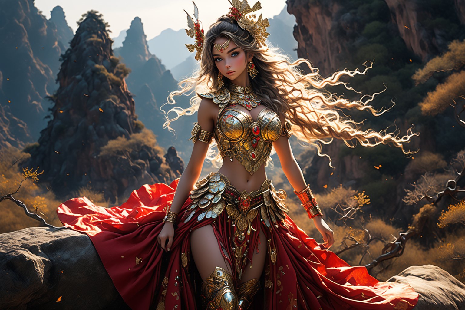 A beautiful girl wearing sleeveless gold armor, cleavage, big breasts, holding a long sword, standing on a rock, repairing, long legs and wearing a butterfly headdress (masterpiece, top quality, best quality, official art, aesthetic:1.2), {1girl, 18Years, bright skin, gorgeous bright face detailed, gergeous extremely hands detailed, full body:1.4, large breasts:1.2, slim body:1.4, slim thighs:1.4, long legs:1.4, front view, walking towards viewer}, (cool light, abstract, fractal art:1.0), highest detailed, detailed eyes, double eyelids, 

{extremely Ponytail hair, Silver Ash hair color}

(extremely gorgeous detailed Black Magician Girl armor, Short pleated Skirt armor)(Athana),Black and white entanglement,crystal and silver entanglement, fashion & design statement in this realistic and highly detailed image. detailed, absurdres1.5), long hair, bare legs, wavy hair looking at viewers jewelry Golden hair wavy hair earrings necklace red belt lips ponytail hair fashion style clothing red lips,navel, fashiongirl,(dynamic posing),skinny , 1 girl, brunette, fabric, floating, beautiful girl, masterpiece, best quality, ultra details, 16K, HD, exquisite features, model pose, mist,desert, dead branch,tribal, artistic photography,1 girl, brunette, fabric, floating, beautiful girl, masterpiece, best quality, ultra details, 16K, HD, exquisite features, model pose, mist,desert, dead branch,tribal, artistic photography, (best quality, masterpiece, ultra detailed, 8K, RAW photo), 
a beautiful young reine, grace pose, porcelain face, deep blue eyes, eye contact, lashes meticulously defined, shaded lips, lipgloss, bliss, cozy outfit, ornated prestigeous dress, realistic detailed brocade, exquisite golden septum rings, new year celebration, countdown ceremony, well lit background,official art, ultra detailed, beautiful and aesthetic, beautiful, masterpiece, best quality, chinese, dress made of (red silk:1.8) golden jewels, along with an assortment of different floral patterns spread throughout. (woman, very long hair, full body , majestic pose )best quality, masterpiece, beautiful and aesthetic, 16K, (HDR:1.4), high contrast, bokeh:1.2, lens flare, (vibrant color:1.4), 