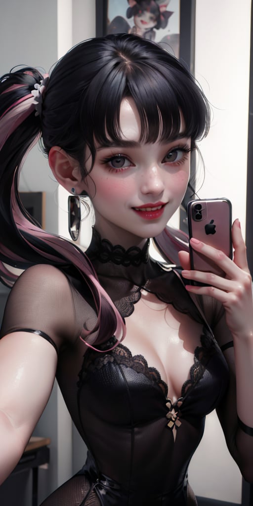 ((masterpiece,best quality)), absurdres, draculaura_mh, yellow top, upper body, extremely detailed face, smile, blushing, selfie, holding phone, 