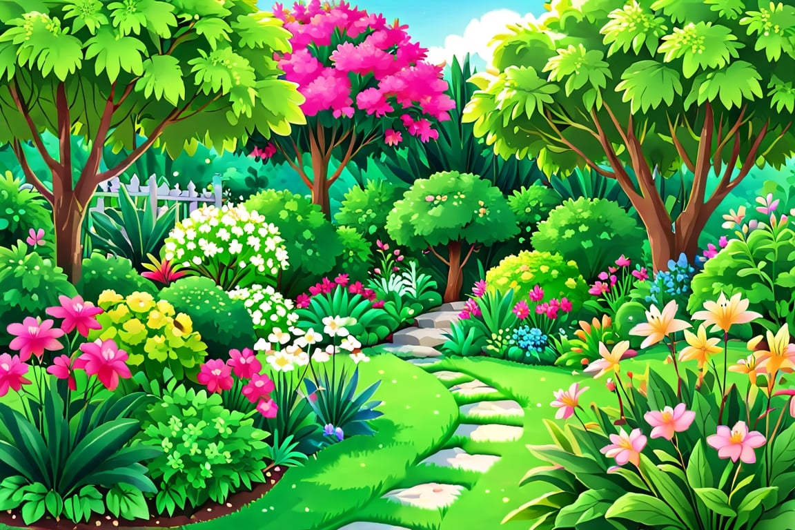 a lush green garden. The garden is vibrant with flowers and a small bush
