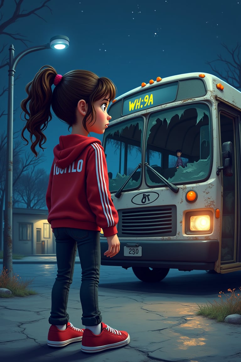 Ria, a 12-year-old girl with wavy brown hair tied into a ponytail, her face showing a mix of curiosity and nervousness. She is wearing a vibrant red jacket with white stripes, black jeans, and red sneakers. The background shows an eerie, desolate bus stop late at night, with flickering streetlights and trees swaying in the wind. A broken-down bus with shattered windows and emitting strange fog has just arrived, its door opening mysteriously. Ria is standing at the entrance, hesitating to board. The scene is animated in a vibrant, detailed style with a slightly spooky atmosphere. 3D pixel style”
