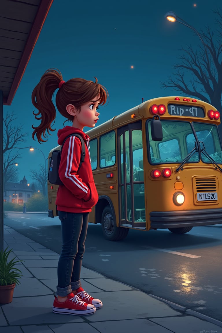 Ria, a 12-year-old girl with wavy brown hair tied into a ponytail, her face showing a mix of curiosity and nervousness. She is wearing a vibrant red jacket with white stripes, black jeans, and red sneakers. The background shows an eerie, desolate bus stop late at night, with flickering streetlights and trees swaying in the wind. A broken-down bus with shattered windows and emitting strange fog has just arrived, its door opening mysteriously. Ria is standing at the entrance, hesitating to board. The scene is animated in a vibrant, detailed style with a slightly spooky atmosphere. 3D pixel style”
