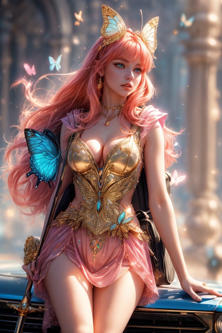 A beautiful girl wearing sleeveless gold armor, cleavage, big breasts, holding a long sword, standing on a rock, repairing, long legs and wearing a butterfly headdress ,A whimsical shot of a young girl with vibrant orange locks and piercing blue eyes, perched atop a sleek ground vehicle, her upper body framed by the opened hood, highlighting her delicate features and sparkling jewelry. She wears a pink hoodie and multicolored outfit, her parted lips slightly puckered, and freckles scattering across her cheeks. The blurred background showcases a bag and backpack at rest, while her bright eyes radiate subtle intensity, drawing the viewer's attention to her captivating presence.