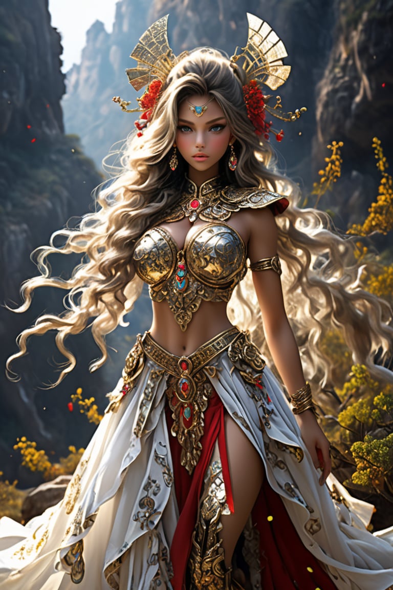 A beautiful girl wearing sleeveless gold armor, cleavage, big breasts, holding a long sword, standing on a rock, repairing, long legs and wearing a butterfly headdress (masterpiece, top quality, best quality, official art, aesthetic:1.2), {1girl, 18Years, bright skin, gorgeous bright face detailed, gergeous extremely hands detailed, full body:1.4, large breasts:1.2, slim body:1.4, slim thighs:1.4, long legs:1.4, front view, walking towards viewer}, (cool light, abstract, fractal art:1.0), highest detailed, detailed eyes, double eyelids, 

{extremely Ponytail hair, Silver Ash hair color}

(extremely gorgeous detailed Black Magician Girl armor, Short pleated Skirt armor)(Athana),Black and white entanglement,crystal and silver entanglement, fashion & design statement in this realistic and highly detailed image. detailed, absurdres1.5), long hair, bare legs, wavy hair looking at viewers jewelry Golden hair wavy hair earrings necklace red belt lips ponytail hair fashion style clothing red lips,navel, fashiongirl,(dynamic posing),skinny , 1 girl, brunette, fabric, floating, beautiful girl, masterpiece, best quality, ultra details, 16K, HD, exquisite features, model pose, mist,desert, dead branch,tribal, artistic photography,1 girl, brunette, fabric, floating, beautiful girl, masterpiece, best quality, ultra details, 16K, HD, exquisite features, model pose, mist,desert, dead branch,tribal, artistic photography, (best quality, masterpiece, ultra detailed, 8K, RAW photo), 
a beautiful young reine, grace pose, porcelain face, deep blue eyes, eye contact, lashes meticulously defined, shaded lips, lipgloss, bliss, cozy outfit, ornated prestigeous dress, realistic detailed brocade, exquisite golden septum rings, new year celebration, countdown ceremony, well lit background,official art, ultra detailed, beautiful and aesthetic, beautiful, masterpiece, best quality, chinese, dress made of (red silk:1.8) golden jewels, along with an assortment of different floral patterns spread throughout. (woman, very long hair, full body , majestic pose )best quality, masterpiece, beautiful and aesthetic, 16K, (HDR:1.4), high contrast, bokeh:1.2, lens flare, (vibrant color:1.4), 