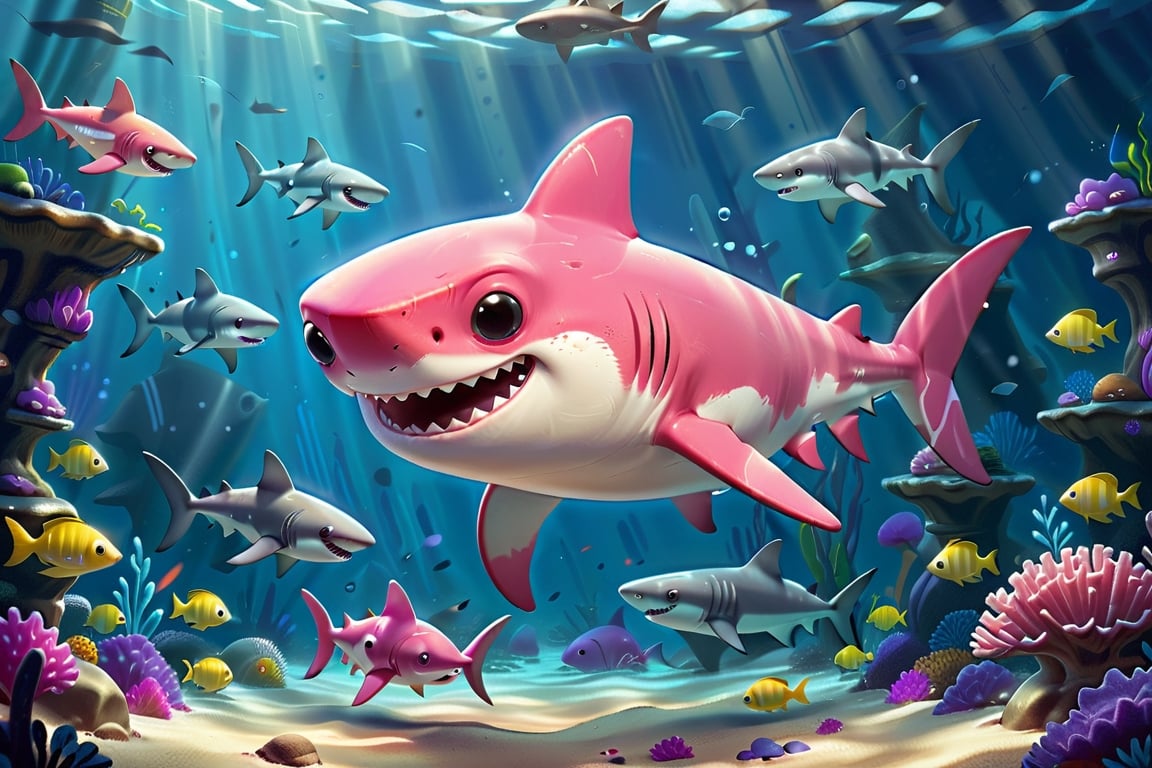 8K,Best quality, masterpiece, ultra-high res, (photorealistic:1.4), Masterpiece, Concept Art,, singleL a very cute cartoon pinky shark in big tank 