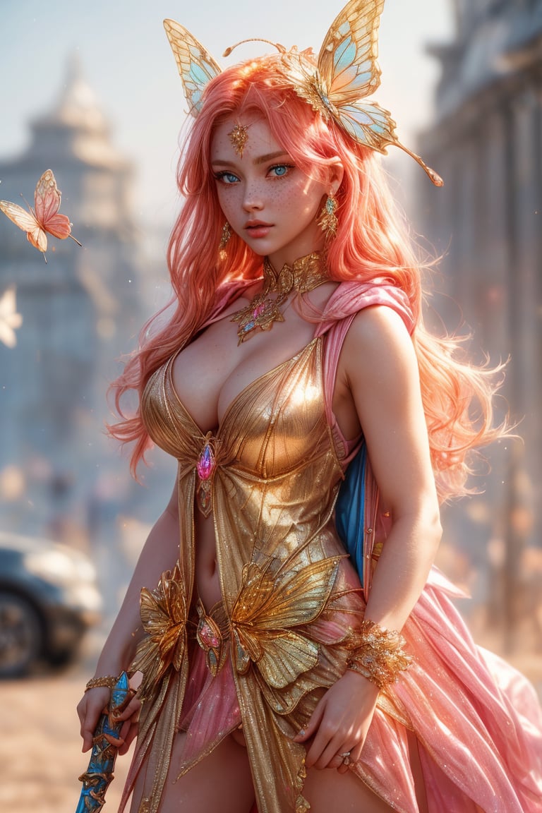 A beautiful girl wearing sleeveless gold armor, cleavage, big breasts, holding a long sword, standing on a rock, repairing, long legs and wearing a butterfly headdress ,A whimsical shot of a young girl with vibrant orange locks and piercing blue eyes, perched atop a sleek ground vehicle, her upper body framed by the opened hood, highlighting her delicate features and sparkling jewelry. She wears a pink hoodie and multicolored outfit, her parted lips slightly puckered, and freckles scattering across her cheeks. The blurred background showcases a bag and backpack at rest, while her bright eyes radiate subtle intensity, drawing the viewer's attention to her captivating presence.