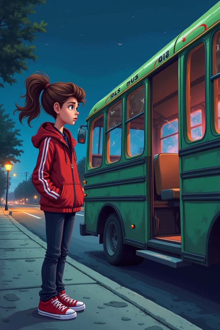 Ria, a 12-year-old girl with wavy brown hair tied into a ponytail, her face showing a mix of curiosity and nervousness. She is wearing a vibrant red jacket with white stripes, black jeans, and red sneakers. The background shows an eerie, desolate bus stop late at night, with flickering streetlights and trees swaying in the wind. A broken-down bus with shattered windows and emitting strange fog has just arrived, its door opening mysteriously. Ria is standing at the entrance, hesitating to board. The scene is animated in a vibrant, detailed style with a slightly spooky atmosphere. 3D pixel style”
