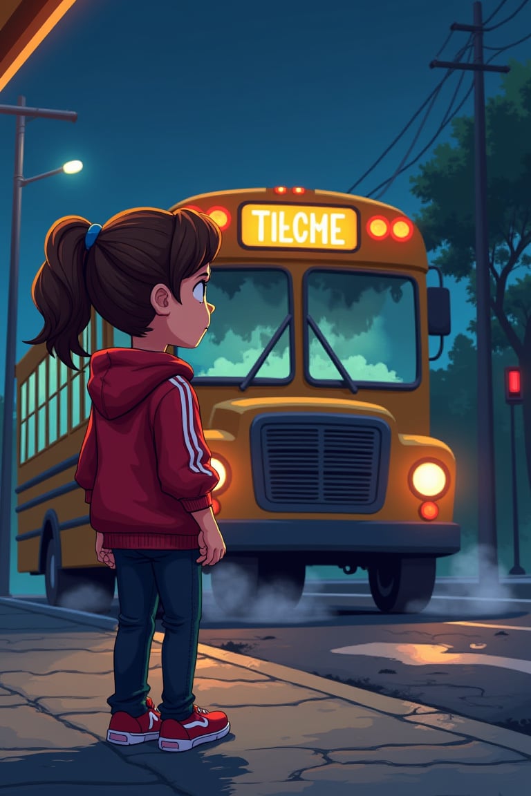 Ria, a 12-year-old girl with wavy brown hair tied into a ponytail, her face showing a mix of curiosity and nervousness. She is wearing a vibrant red jacket with white stripes, black jeans, and red sneakers. The background shows an eerie, desolate bus stop late at night, with flickering streetlights and trees swaying in the wind. A broken-down bus with shattered windows and emitting strange fog has just arrived, its door opening mysteriously. Ria is standing at the entrance, hesitating to board. The scene is animated in a vibrant, detailed style with a slightly spooky atmosphere. 3D pixel style”
