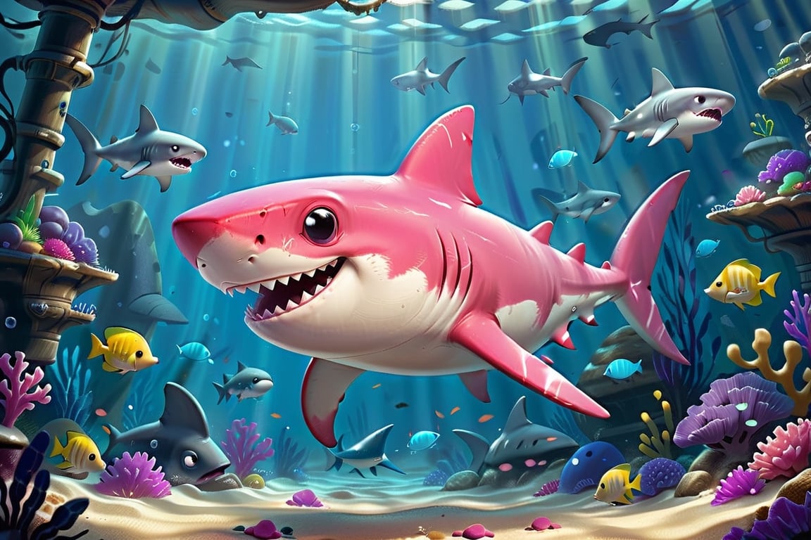 8K,Best quality, masterpiece, ultra-high res, (photorealistic:1.4), Masterpiece, Concept Art,, singleL a very cute cartoon pinky shark in big tank 