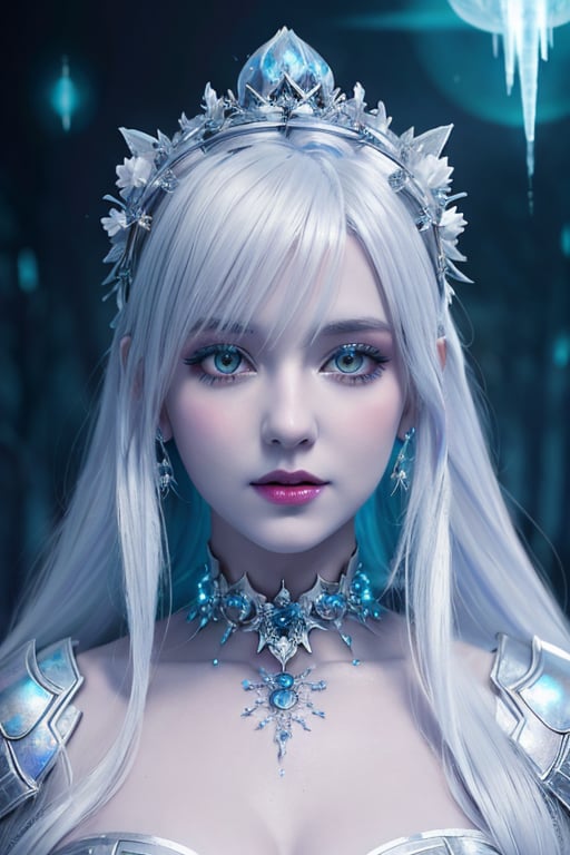 Woman with platinum hair, in a dress of ice flowers, a beautiful crown on her head, detailed face, detailed skin, front, background frozen forest, cover, unzoom, choker, hyperdetailed painting, luminism, Bar lighting, complex, 4k resolution concept art portrait by Greg Rutkowski, Artgerm, WLOP, Alphonse Mucha, little fusion pojatti realistic goth, full body fractal isometrics details bioluminescens : a stunning realistic photograph 30 years